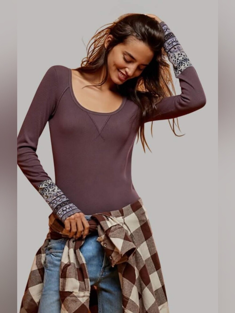 Free People We The Free Hippie Cuff Thermal Top in Cocoa Brown
